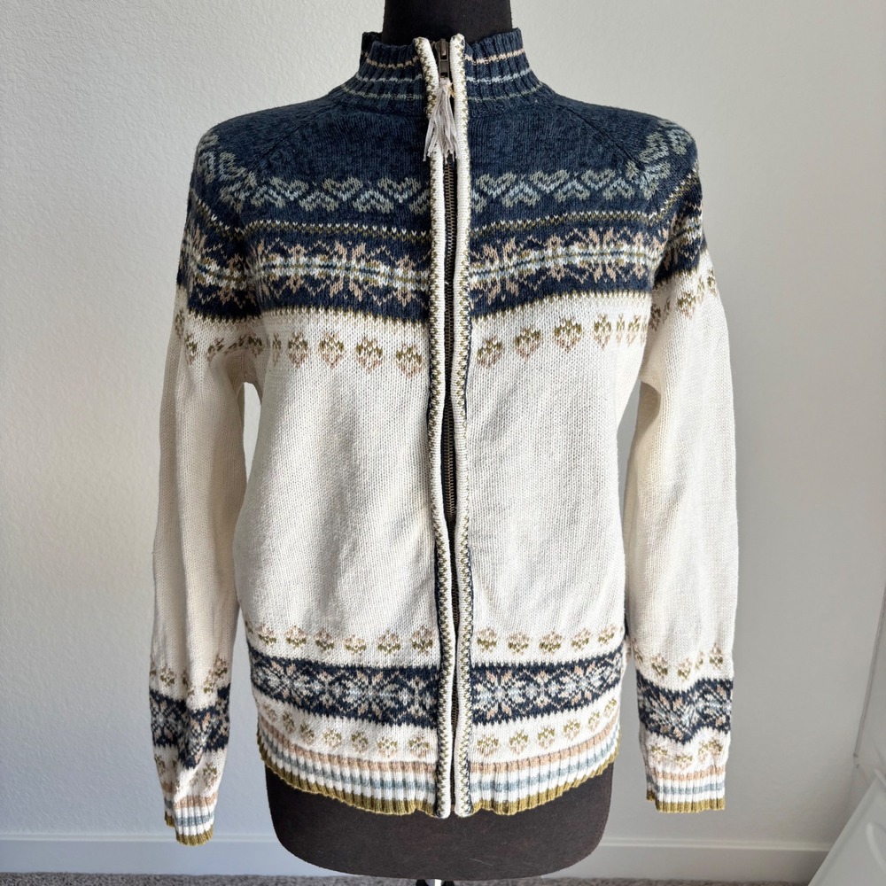 Grandmacore Fair Isle Zip Up Cardigan Sweater Blue Cream Petite Large